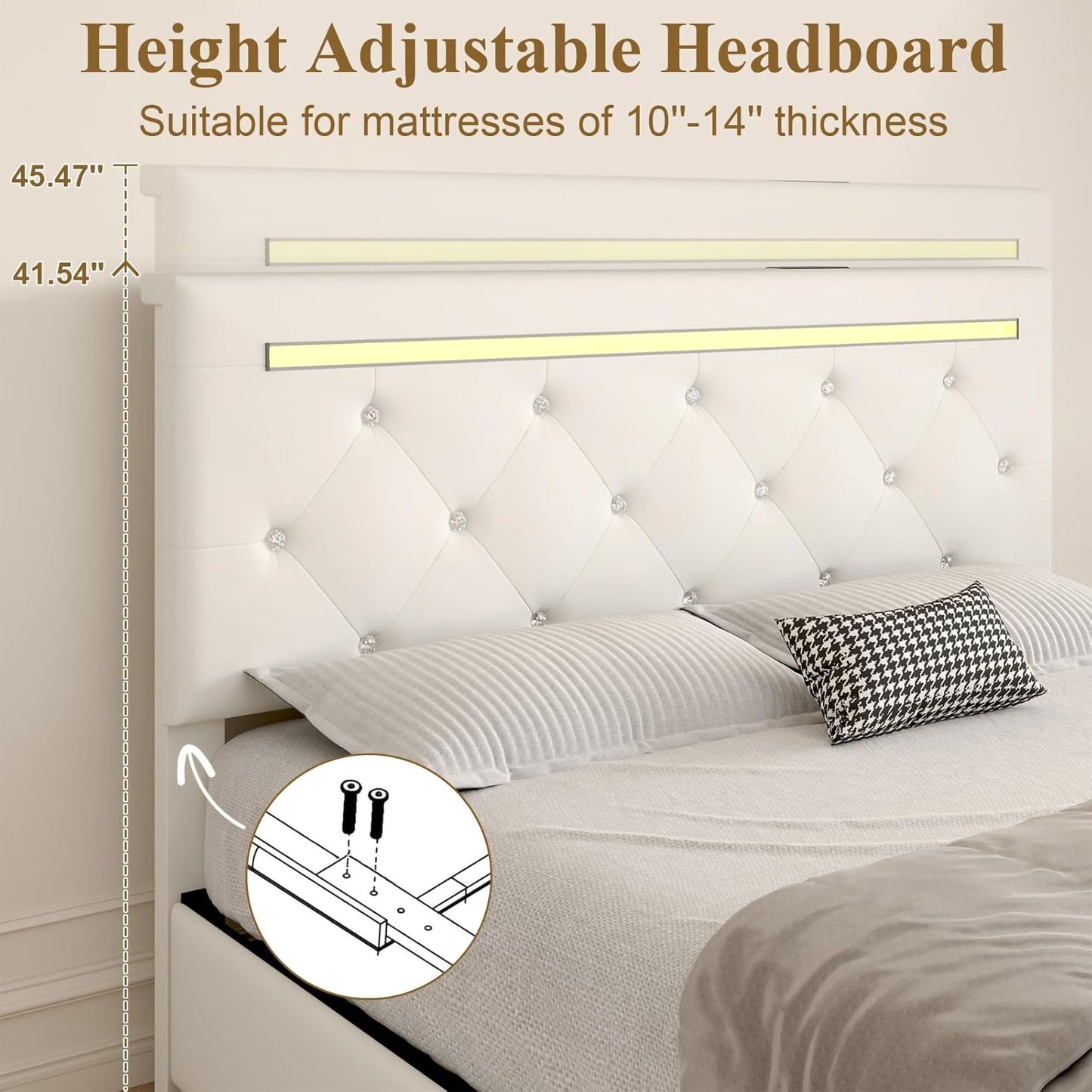 Upholstered Bed Frame with LED Lights Storage