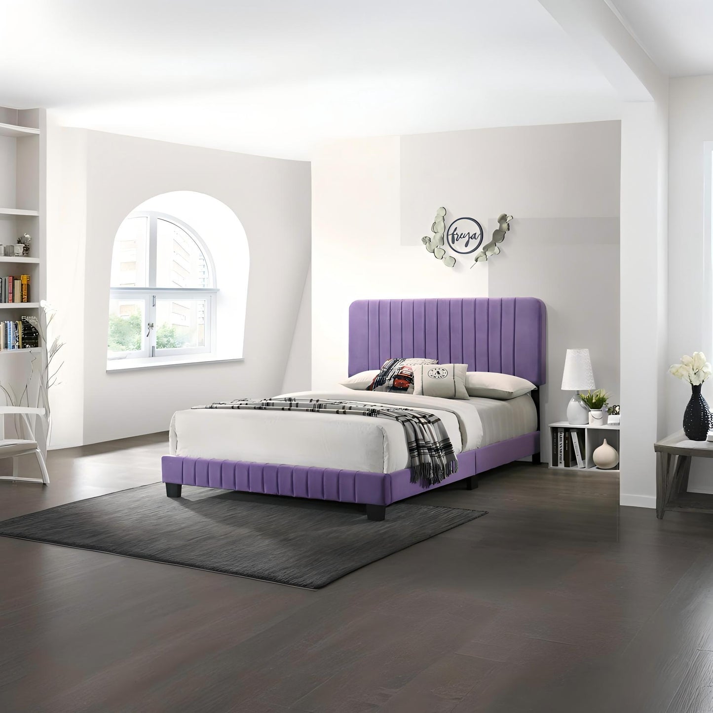 Channel Tufted Bed in purple upholstered fabric with a tall tufted headboard by HouseOfZazla on Tampa Home & Garden Store