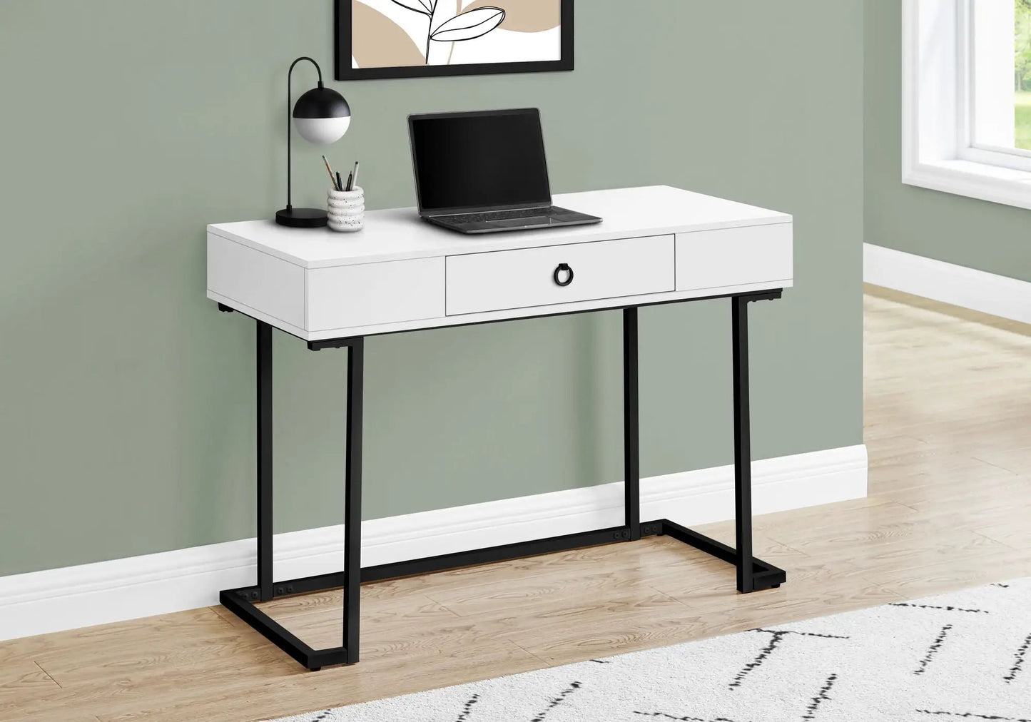 Glossy white computer desk with storage drawer and black metal legs, laptop setup on Tampa Home & Garden Store