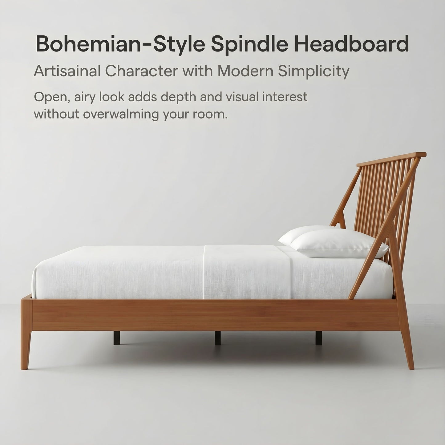 Bohemian-style platform bed with tall spindle headboard in natural wood by HouseOfZazla on Tampa Home & Garden Store