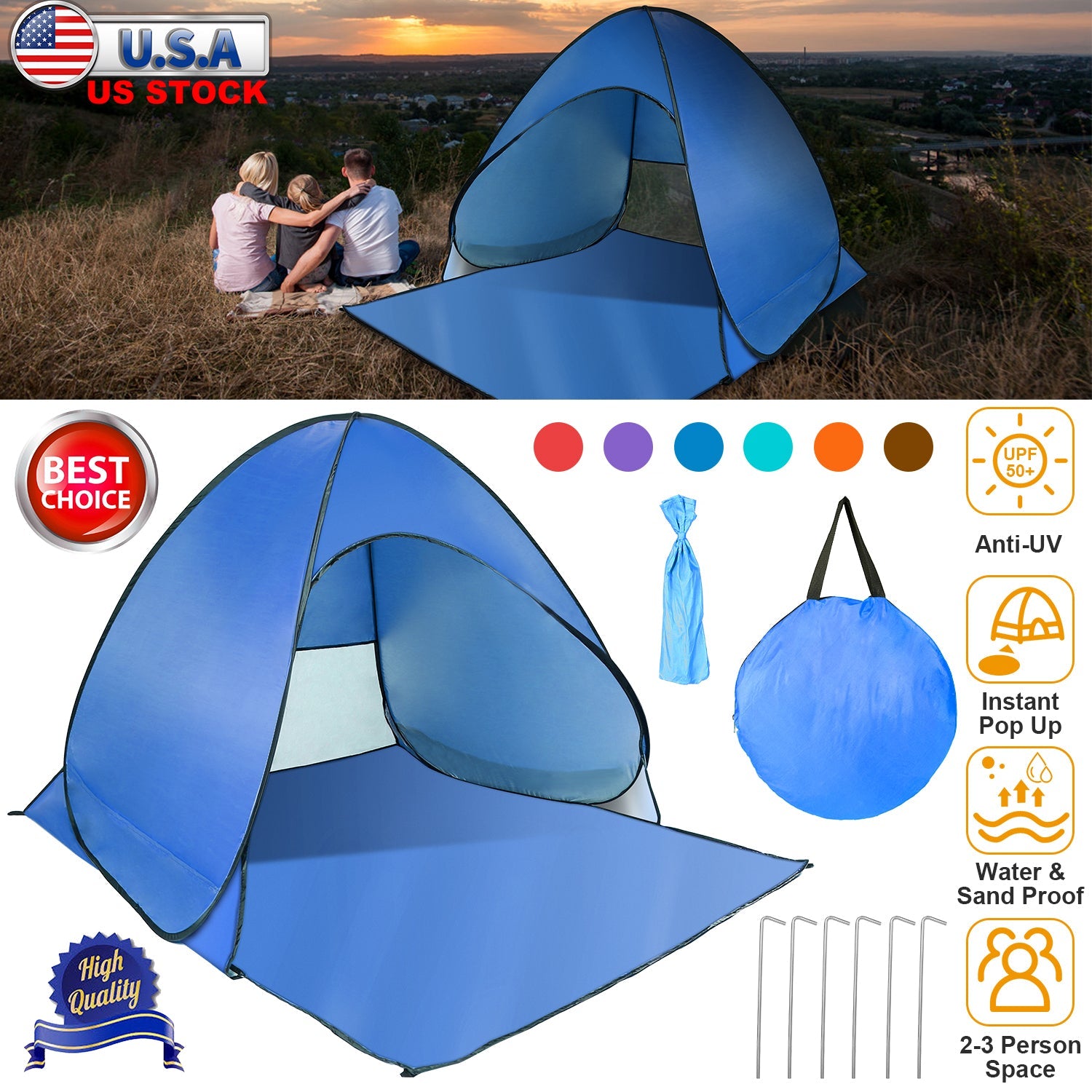 GemGear Pop-Up Beach Tent 2-3 person, blue anti-UV UPF50+ shade shelter with mesh window on Tampa Home & Garden Store
