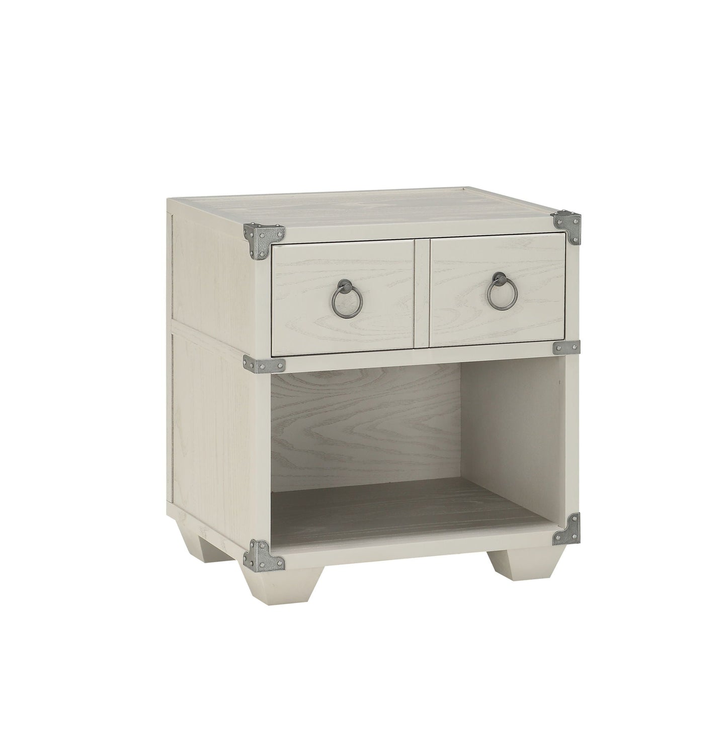Orchest Gray Nightstand, 2-drawer gray wood table with metal corner brackets and ring pulls on Tampa Home & Garden Store