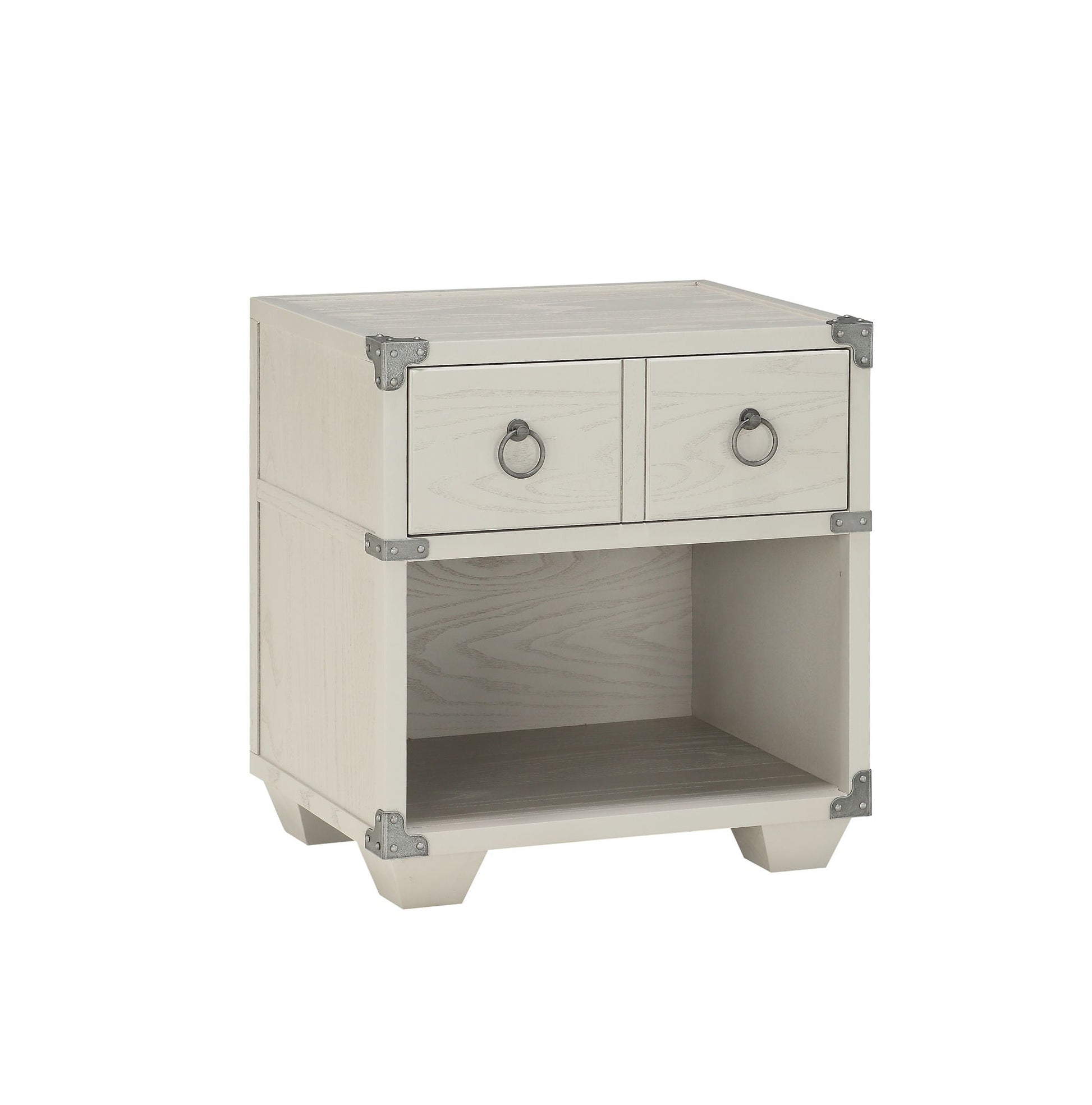 Orchest Gray Nightstand, 2-drawer gray wood table with metal corner brackets and ring pulls on Tampa Home & Garden Store