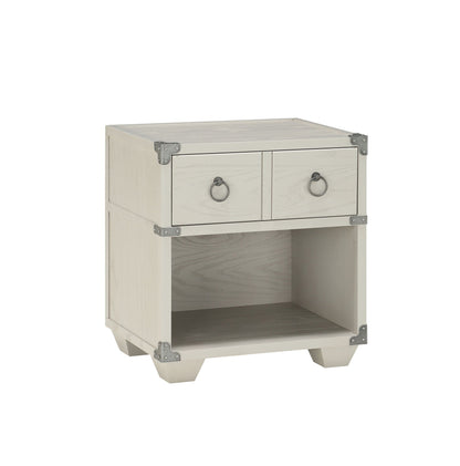 Orchest Gray Nightstand, 2-drawer gray wood table with metal corner brackets and ring pulls on Tampa Home & Garden Store