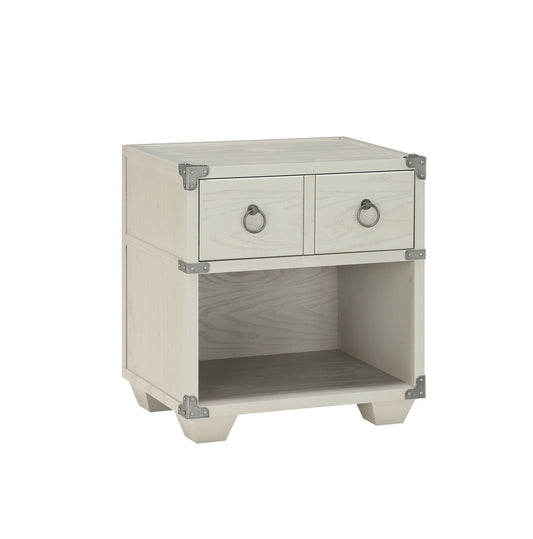 Orchest Gray Nightstand, 2-drawer gray wood table with metal corner brackets and ring pulls on Tampa Home & Garden Store