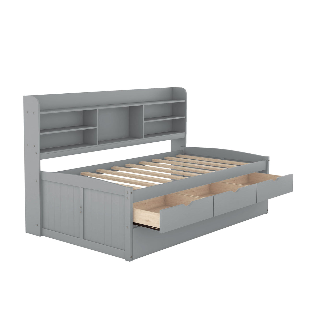 Captain Bed with built-in bookshelves in gray, 3 storage drawers and trundle by HouseOfZazla on Tampa Home & Garden Store
