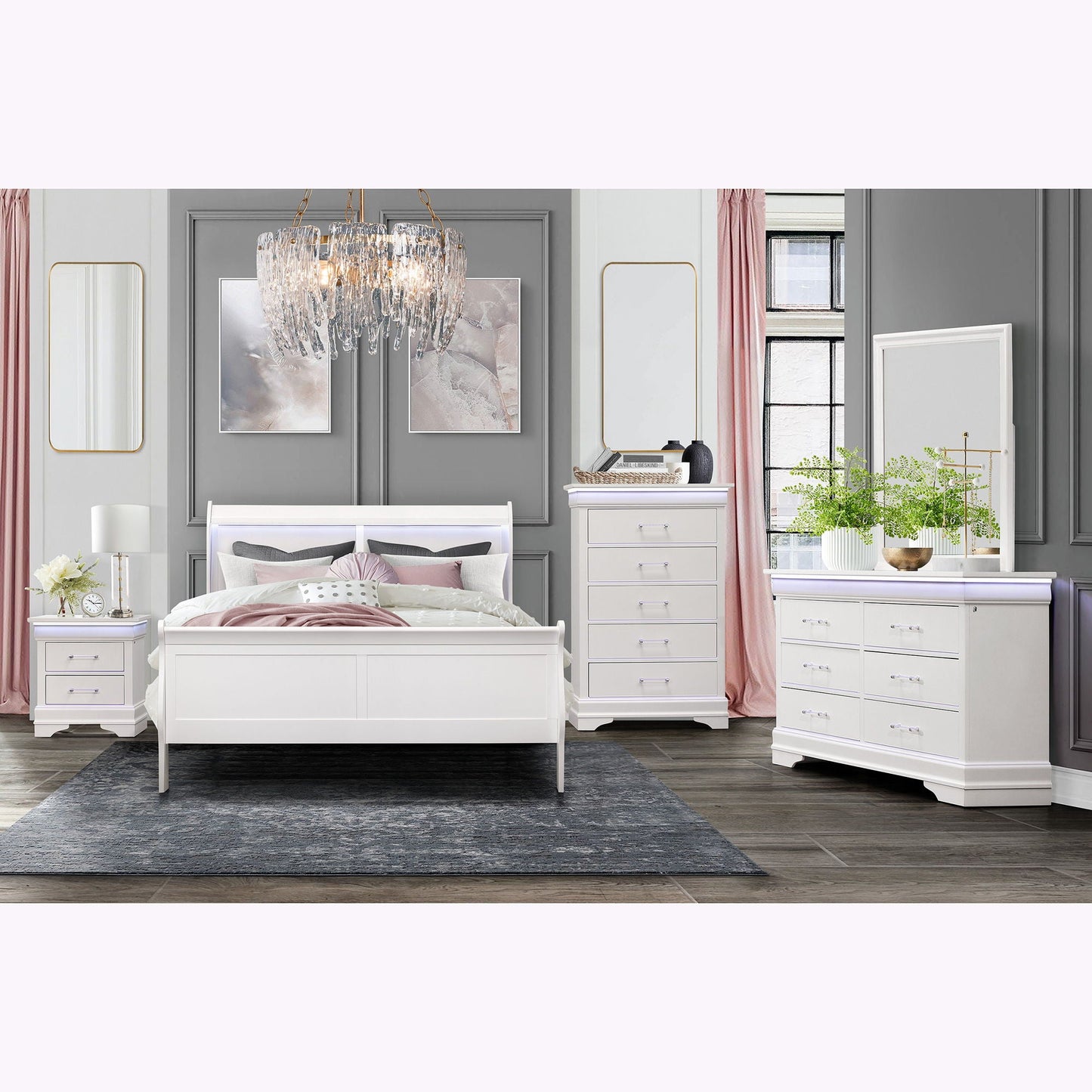 Charlston 5 piece bedroom set with LED headboard in white and gray on Tampa Home & Garden Store
