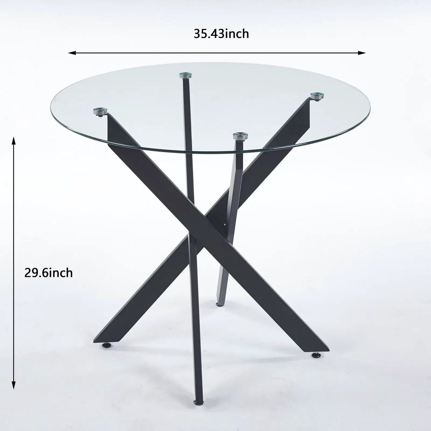 Round tempered glass dining table with cross black metal legs, modern space-saving design on Tampa Home & Garden Store