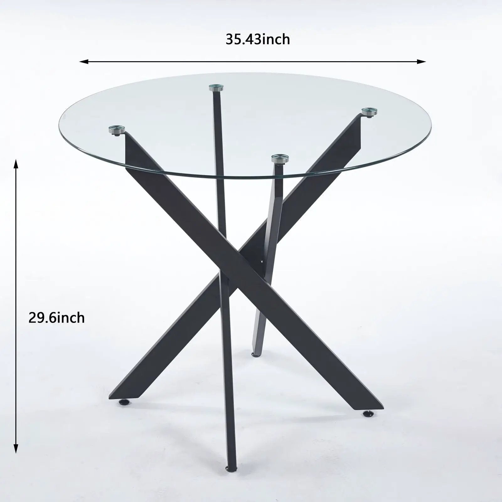 Round tempered glass dining table with cross black metal legs, modern space-saving design on Tampa Home & Garden Store
