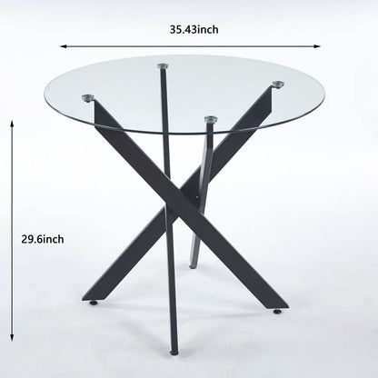 Round tempered glass dining table with cross black metal legs, modern space-saving design on Tampa Home & Garden Store