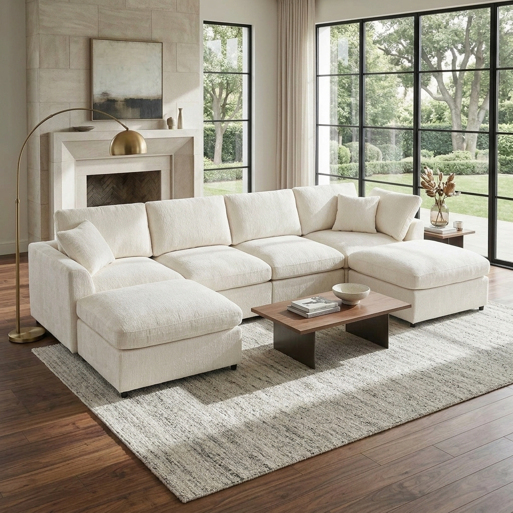U-Style 130.3 6-Seater Modular Sectional Sofa in cream fabric with chaise on Tampa Home & Garden Store