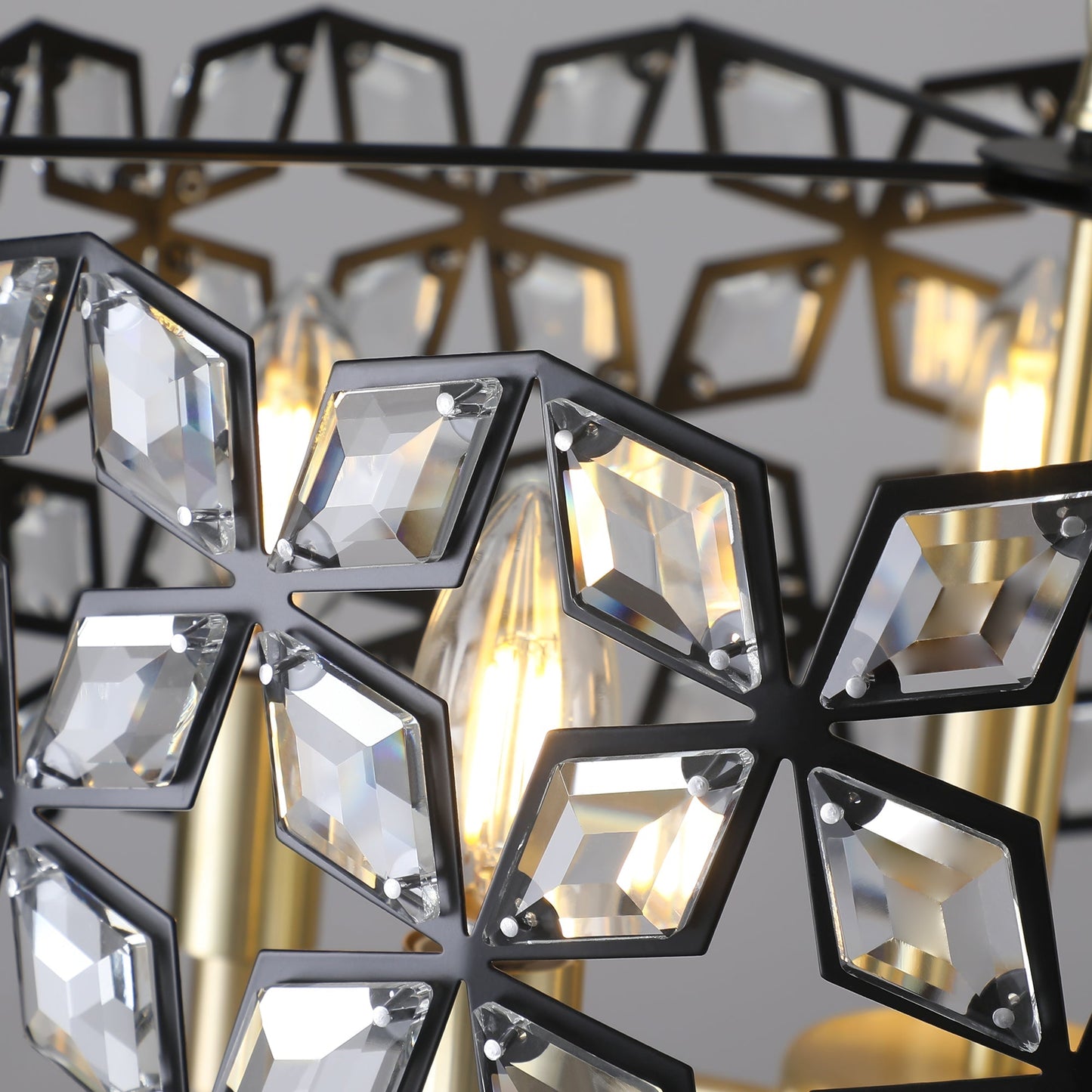 Geometric crystal chandelier with black metal frames and gold accents by HouseOfZazla on Tampa Home & Garden Store