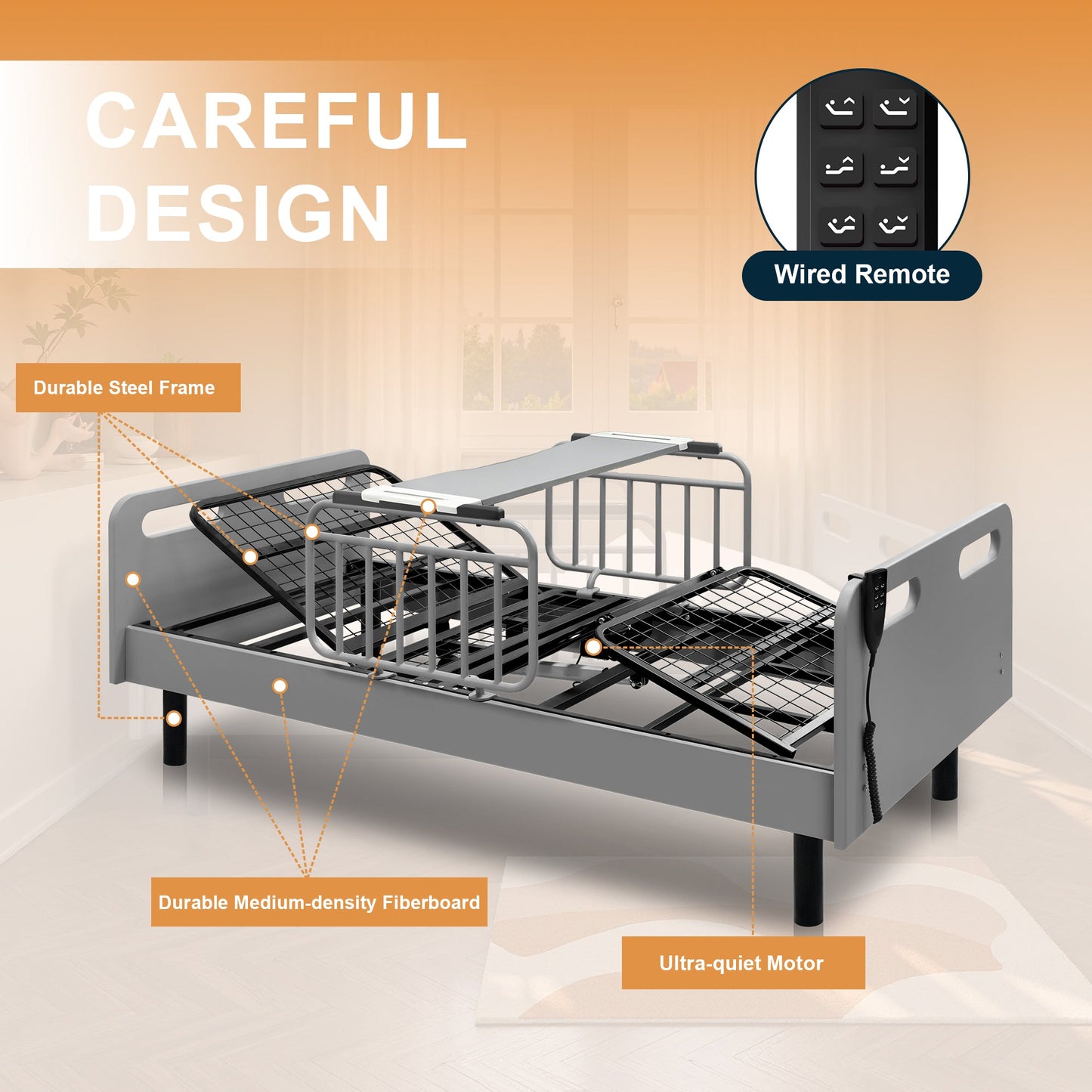 Electric hospital bed for home use with wired remote and steel frame HouseOfZazla on Tampa Home & Garden Store