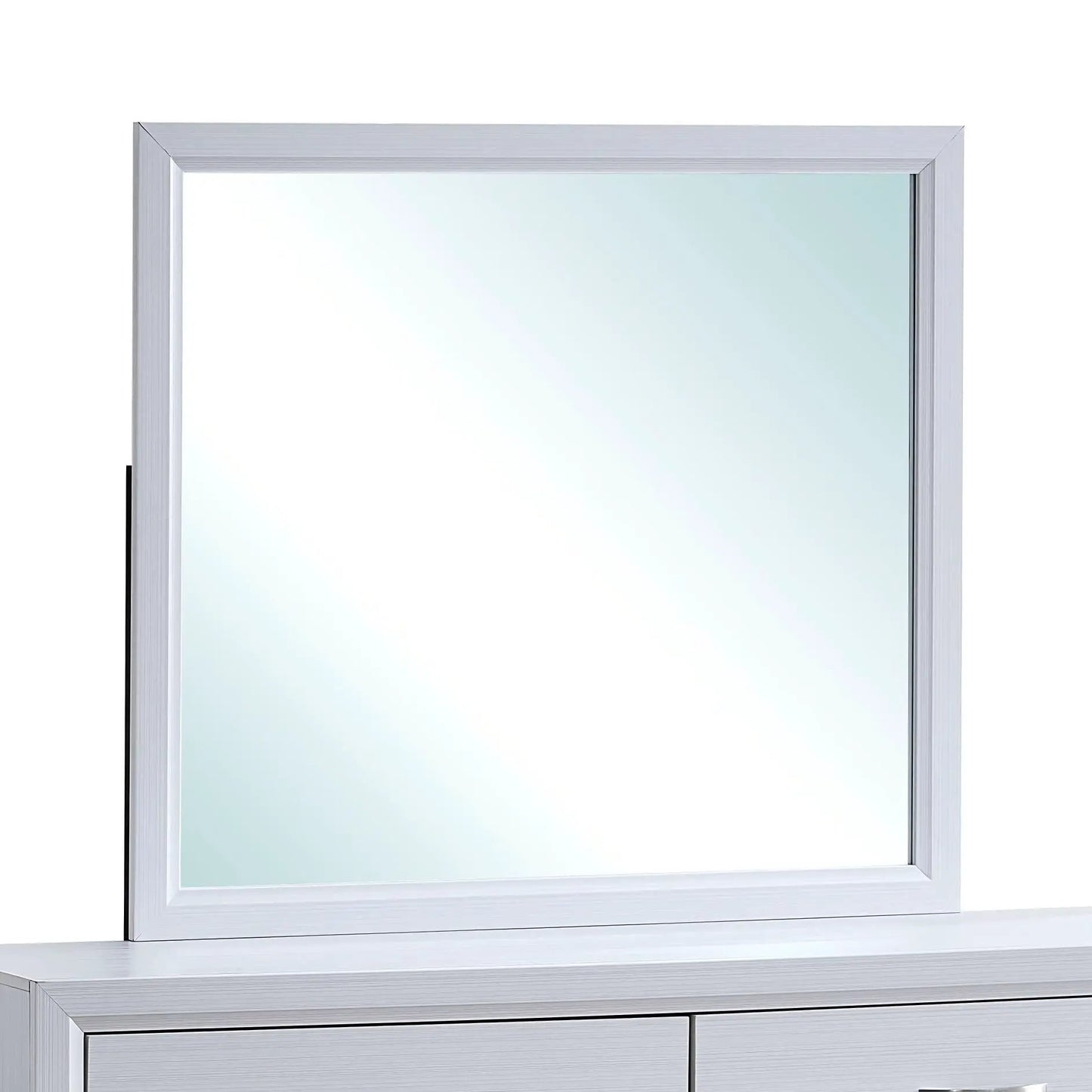 Glasgow mirror with minimalist brushed nickel frame and low distortion glass over a white dresser on Tampa Home & Garden Store