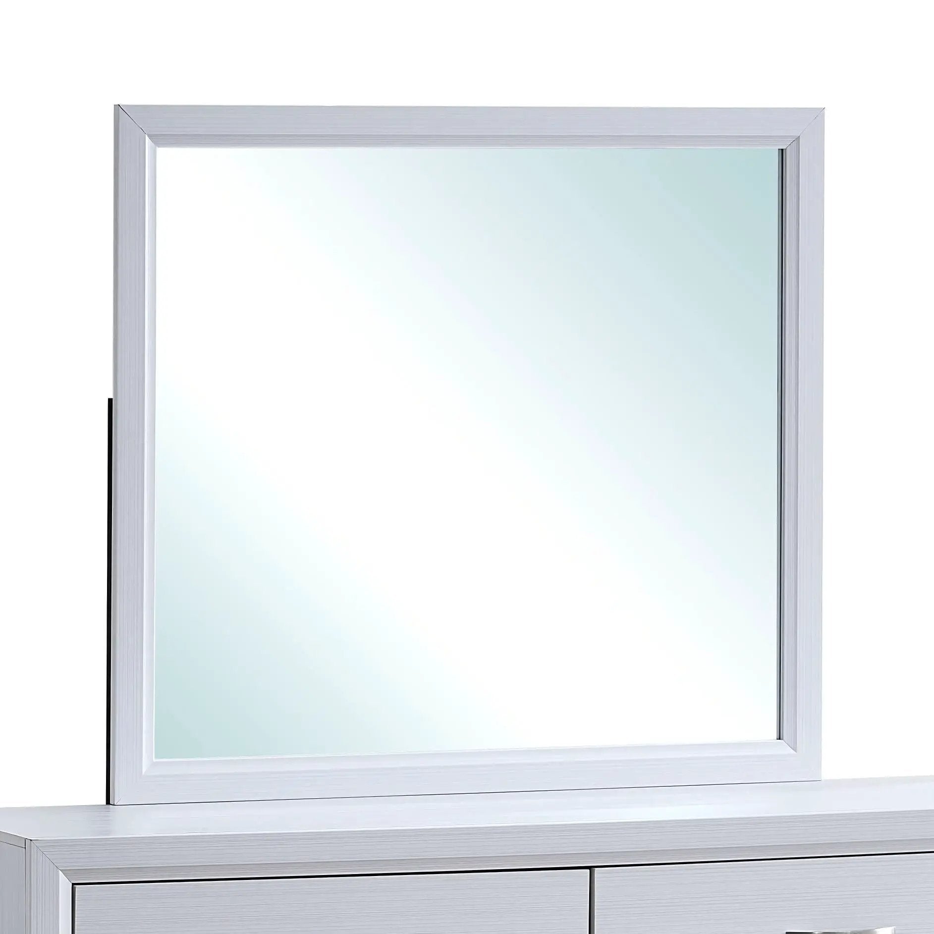 Glasgow mirror with minimalist brushed nickel frame and low distortion glass over a white dresser on Tampa Home & Garden Store