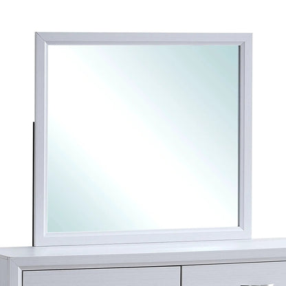 Glasgow mirror with minimalist brushed nickel frame and low distortion glass over a white dresser on Tampa Home & Garden Store