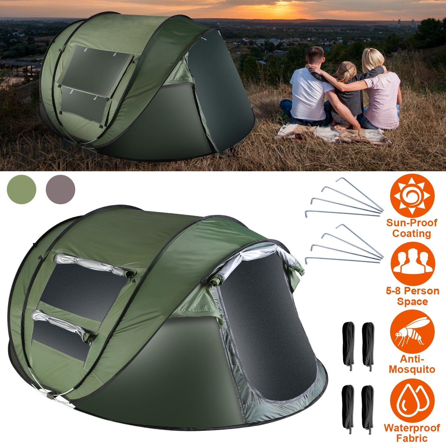 GemGear 3-4 Person Pop Up Tent green waterproof instant setup with 2 mosquito net windows on Tampa Home & Garden Store