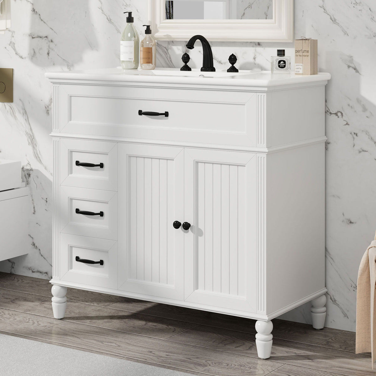 Bathroom vanity with sink and drawers, wood cabinet in white with black hardware HouseOfZazla on Tampa Home & Garden Store