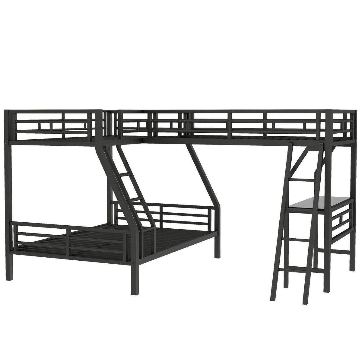 Twin over full bunk bed with loft and desk, black metal frame, L-shaped design for 3 sleepers, HouseOfZazla on Tampa Home & Garden Store