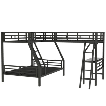 Twin over full bunk bed with loft and desk, black metal frame, L-shaped design for 3 sleepers, HouseOfZazla on Tampa Home & Garden Store