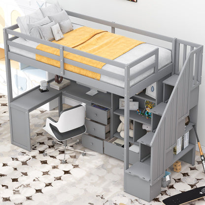 Loft bed with L-shaped desk by HouseOfZazla in gray, with drawers and storage staircase on Tampa Home & Garden Store