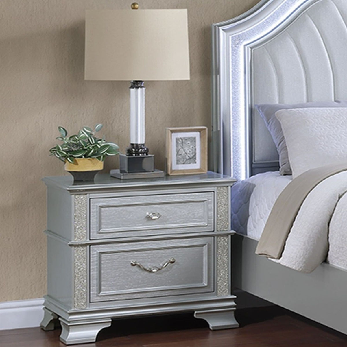 3 Piece Bedroom Set with Elegant Bed, 2 Nightstands by HouseOfZazla in silver mirrored finish on Tampa Home & Garden Store