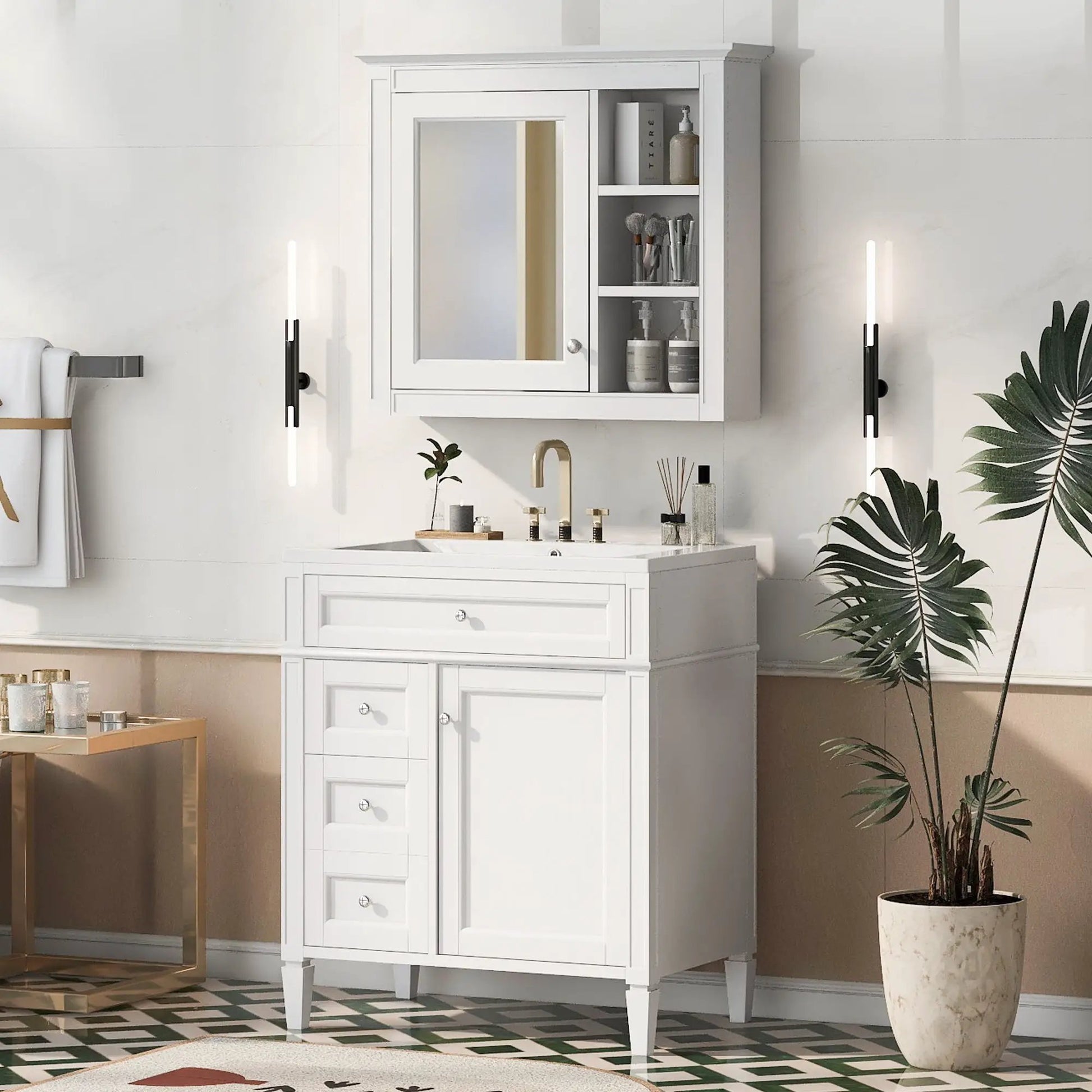 White bathroom vanity with medicine cabinet, modern storage with 2 soft-closing doors and 4 drawers on Tampa Home & Garden Store