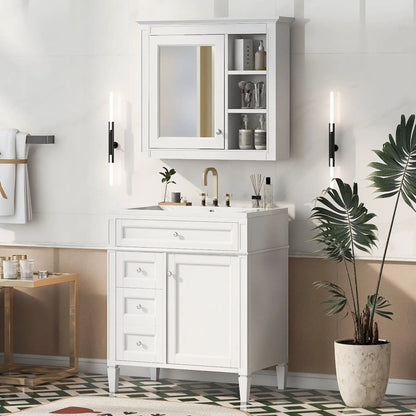 White bathroom vanity with medicine cabinet, modern storage with 2 soft-closing doors and 4 drawers on Tampa Home & Garden Store
