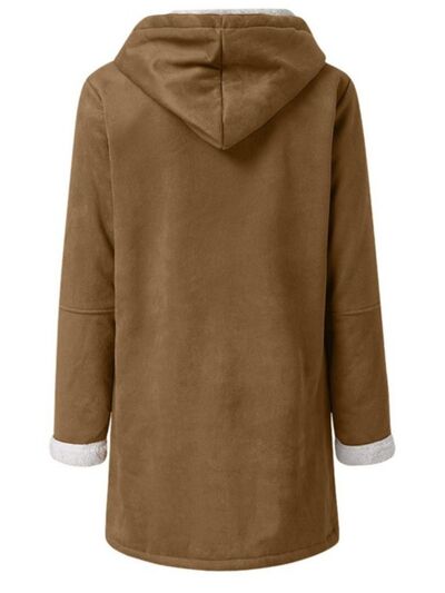 Stevvex hooded pocketed toggle jacket back view camel brown with white cuff trim on Tampa Home & Garden Store