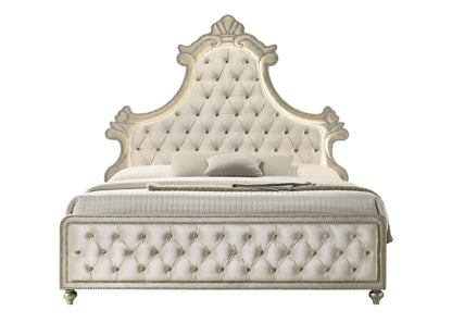 Lucienne upholstered bed with LED lighting, cream tufted headboard, nailhead trim on Tampa Home & Garden Store