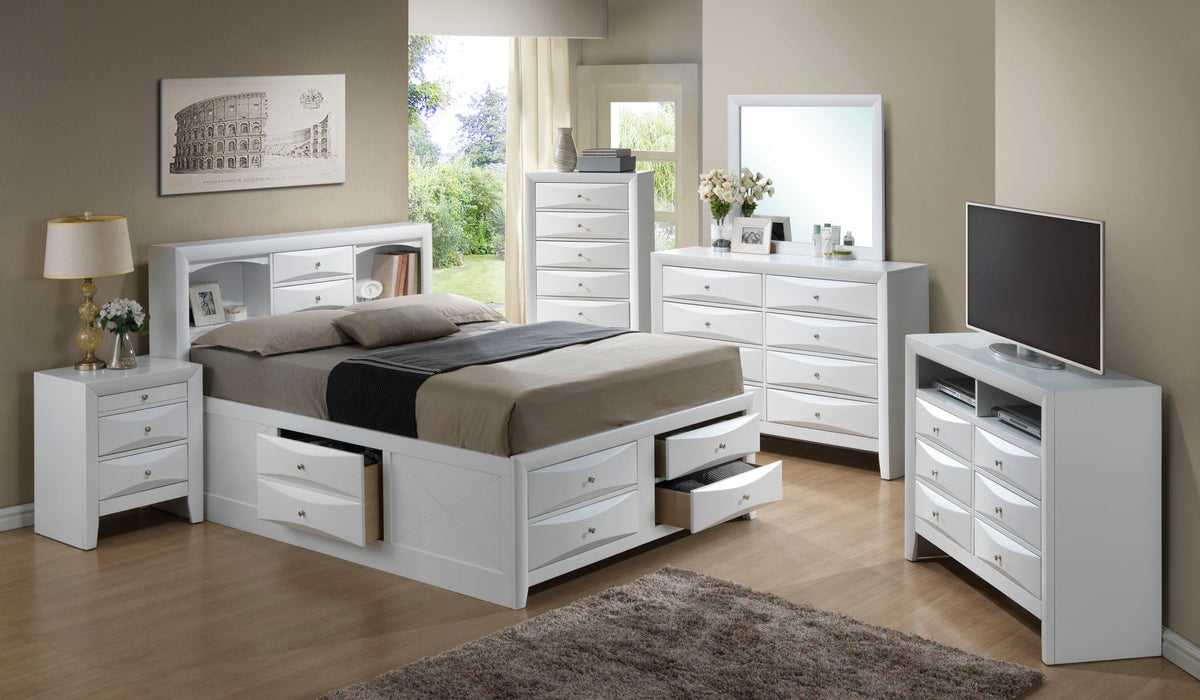 Modern design storage bed with bookcase headboard in white by HouseOfZazla, with white dressers on Tampa Home & Garden Store
