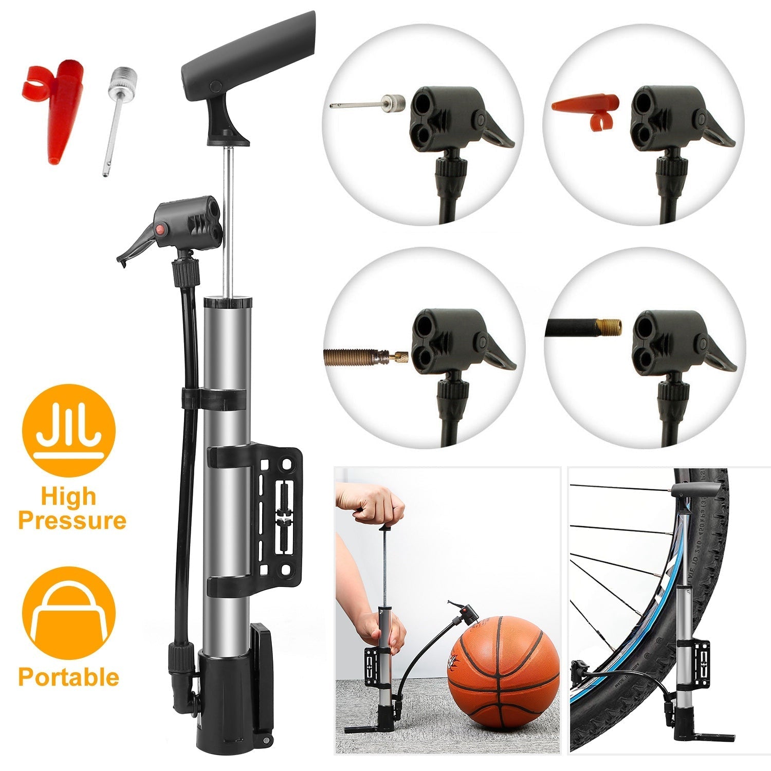 GemGear mini bike pump with mount frame, black/silver body and red valve adapters on Tampa Home & Garden Store