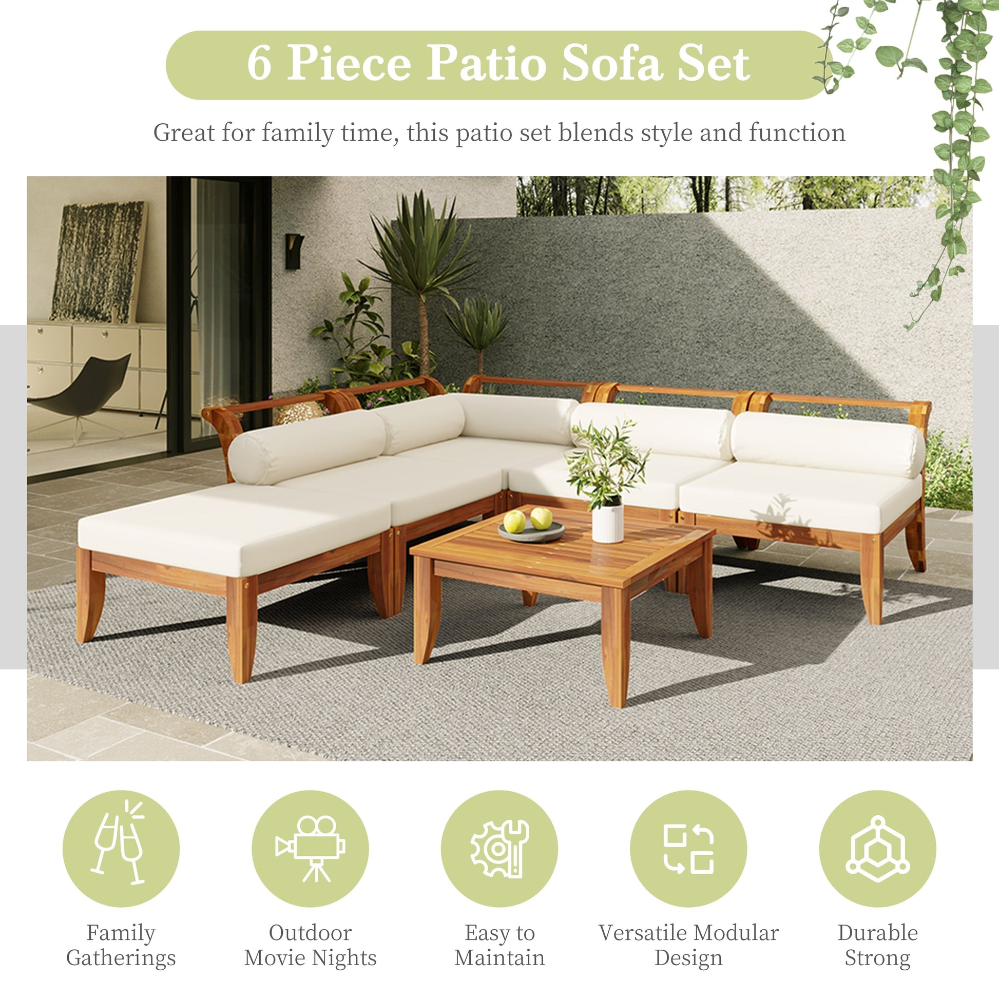 Acacia wood outdoor modular sectional with daybed and coffee table 6-piece white cushions on Tampa Home & Garden Store