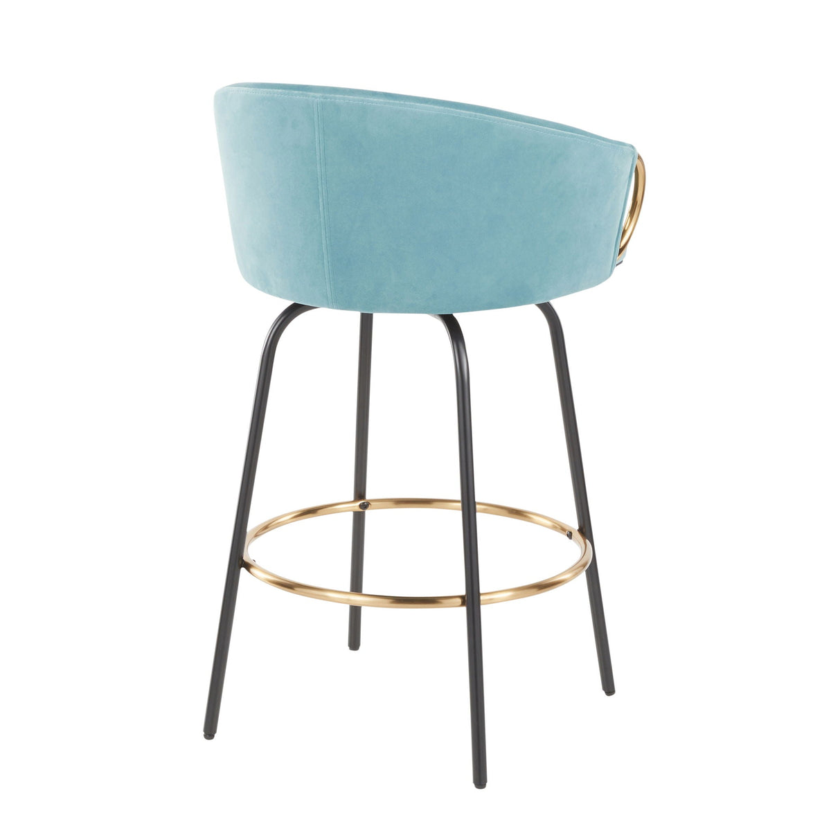 Contemporary Glam Counter Stool set of 2 blue upholstery with black legs and gold ring on Tampa Home & Garden Store