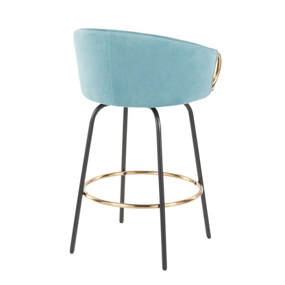 Contemporary Glam Counter Stool set of 2 blue upholstery with black legs and gold ring on Tampa Home & Garden Store