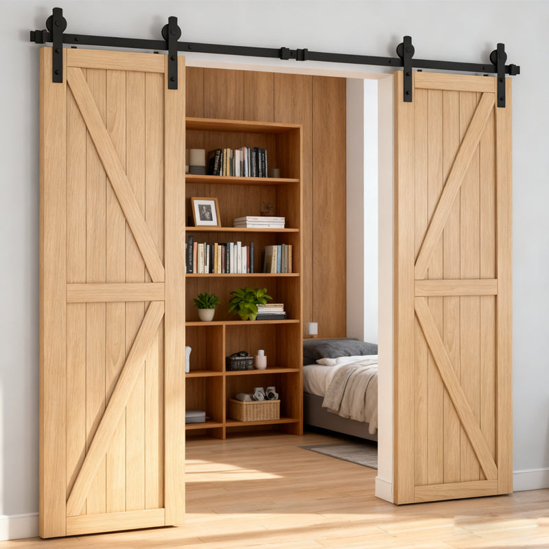 8 ft double sliding barn door hardware kit with 2 natural wood doors and black track on Tampa Home & Garden Store