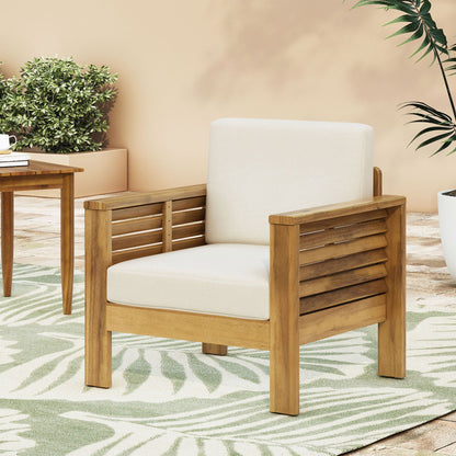 Slat Design Club Chairs with Cushions by HouseOfZazla, beige cushions, wooden frames on Tampa Home & Garden Store