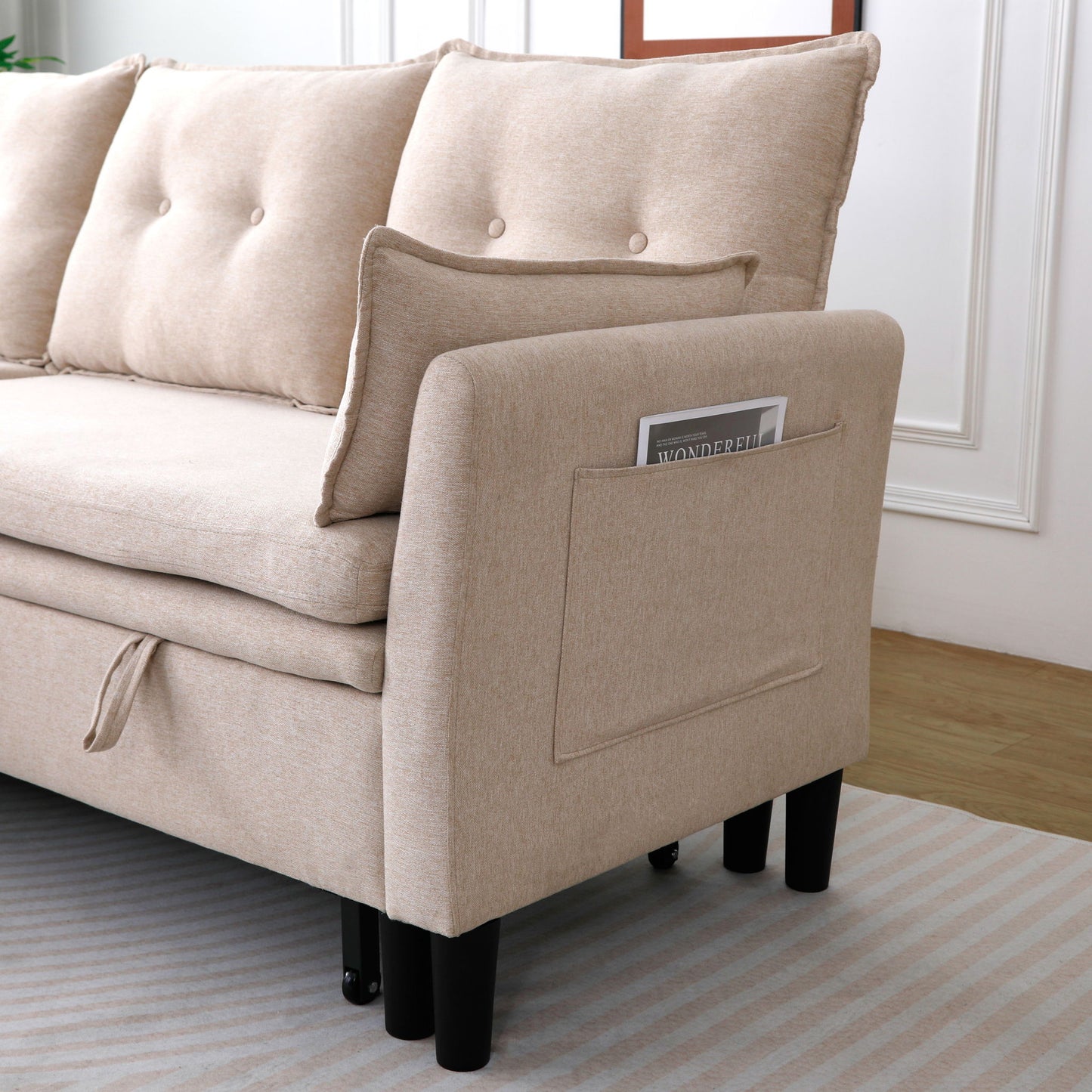 L-Shaped Reversible Chaise Sectional Sofa with Storage beige fabric, side pocket on Tampa Home & Garden Store
