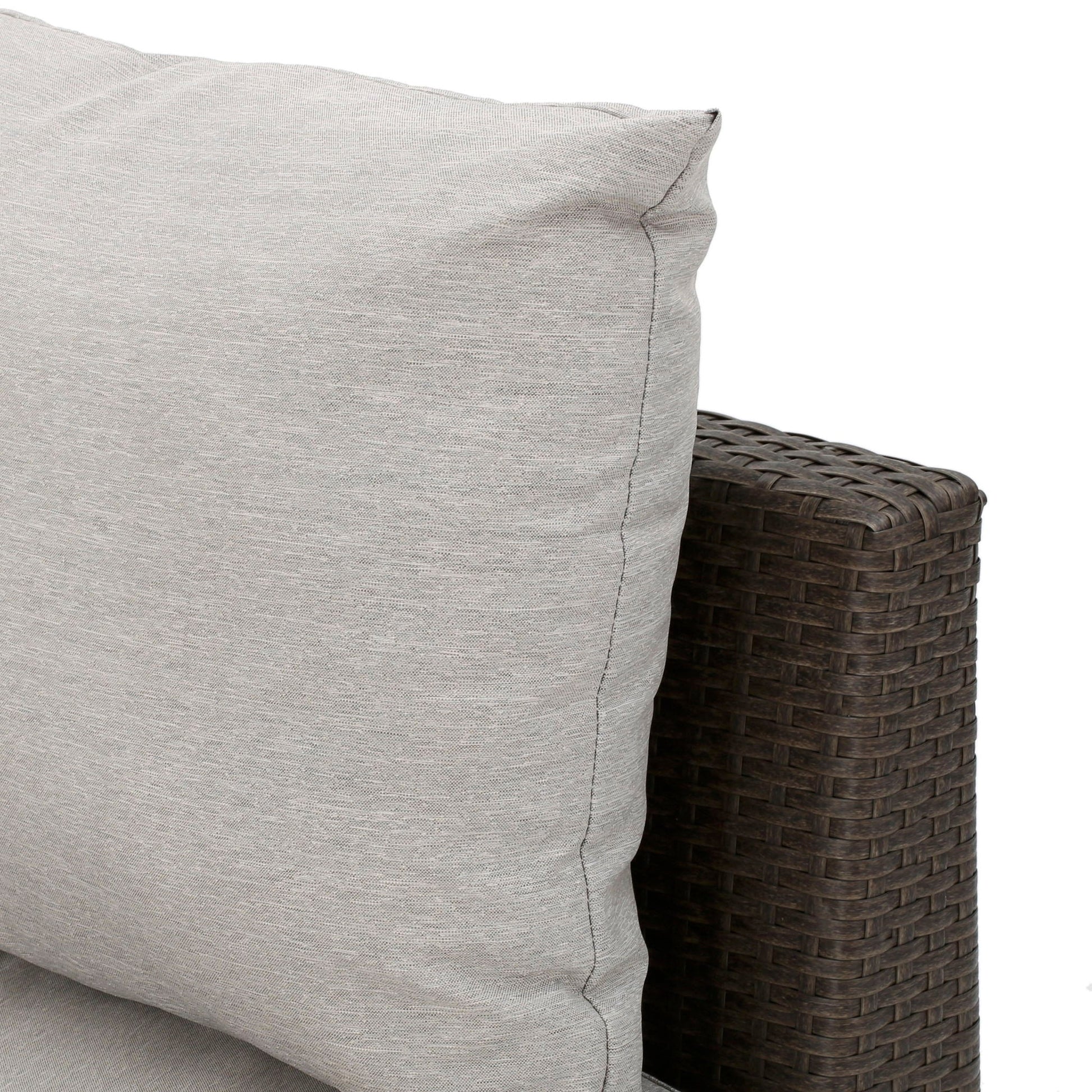 Pt Limon Modern Outdoor Single Sofa with gray linen cushion and woven wicker base on Tampa Home & Garden Store