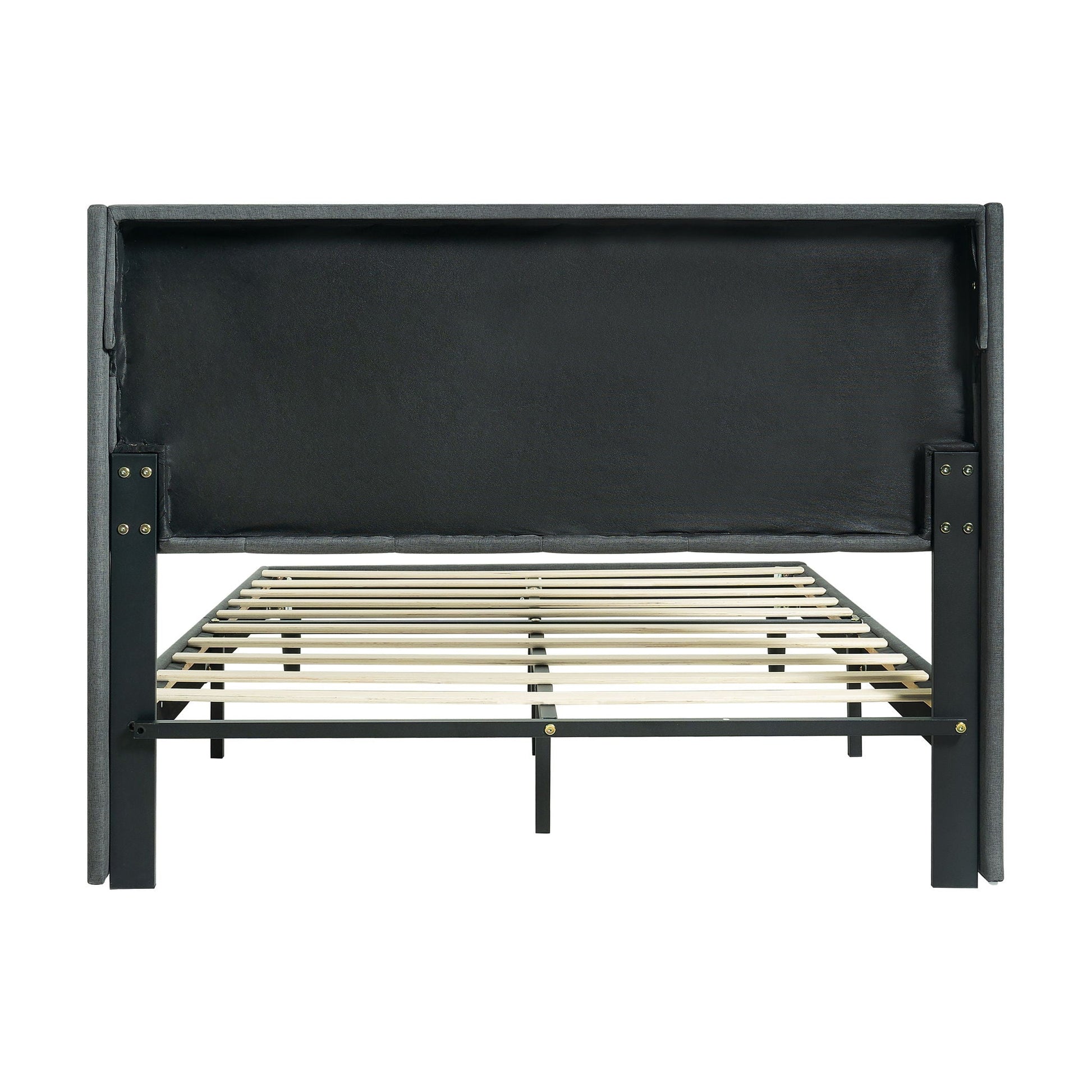 Queen size upholstered bed frame with dark gray linen headboard and slatted foundation on Tampa Home & Garden Store
