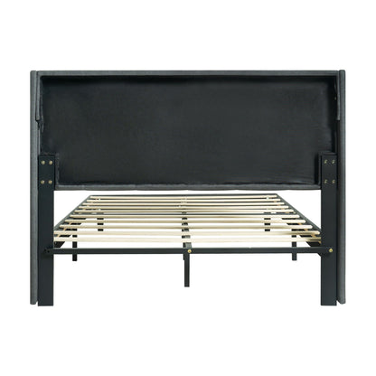 Queen size upholstered bed frame with dark gray linen headboard and slatted foundation on Tampa Home & Garden Store