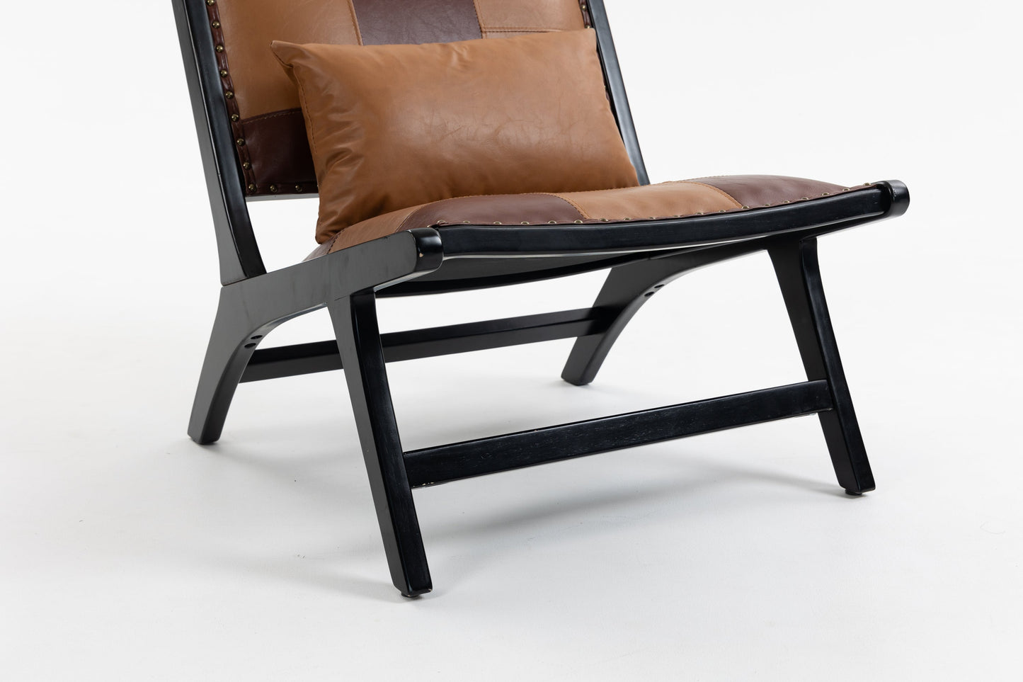HouseOfZazla Modern Boho Accent Chair brown leather cushions black wood frame riveted detail on Tampa Home & Garden Store