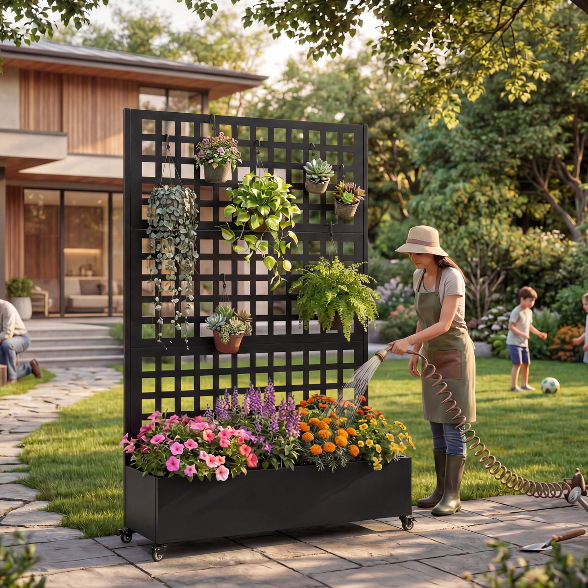Black metal raised garden bed with trellis and hanging planters on wheels on Tampa Home & Garden Store