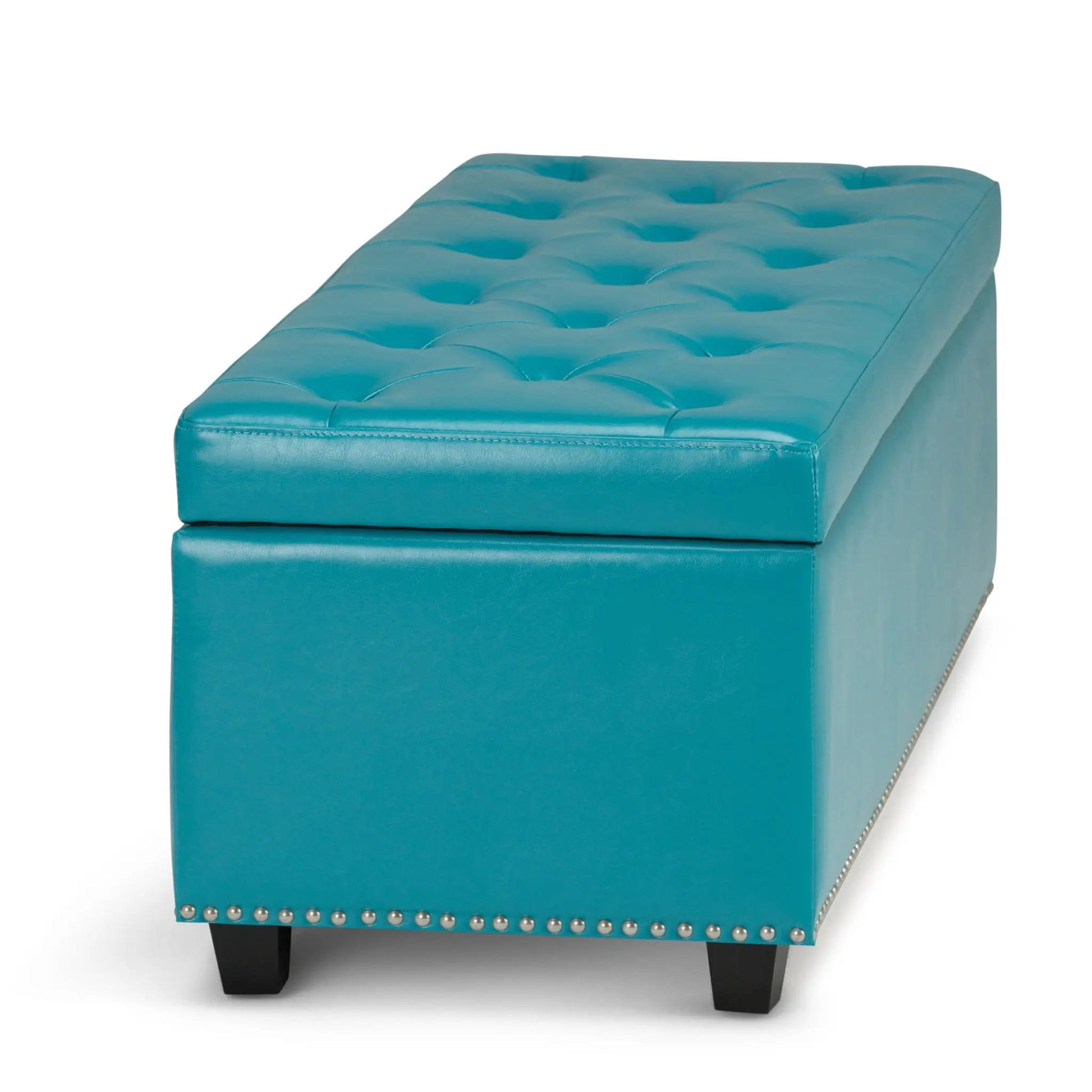 Hamilton upholstered teal storage ottoman with tufted top and nailhead trim on Tampa Home & Garden Store