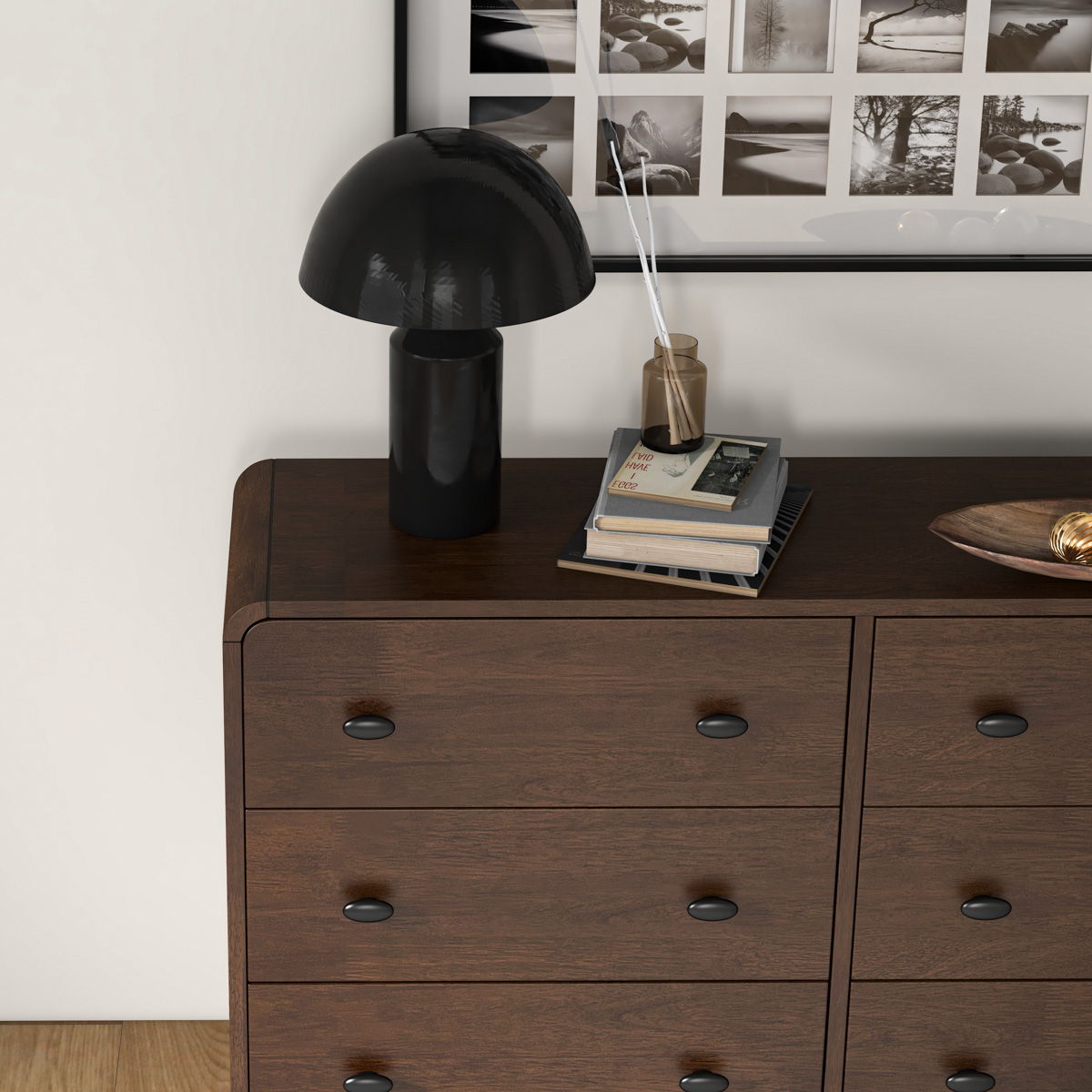 Mid-Century Modern dresser in brown solid wood with black knobs; lamp atop on Tampa Home & Garden Store