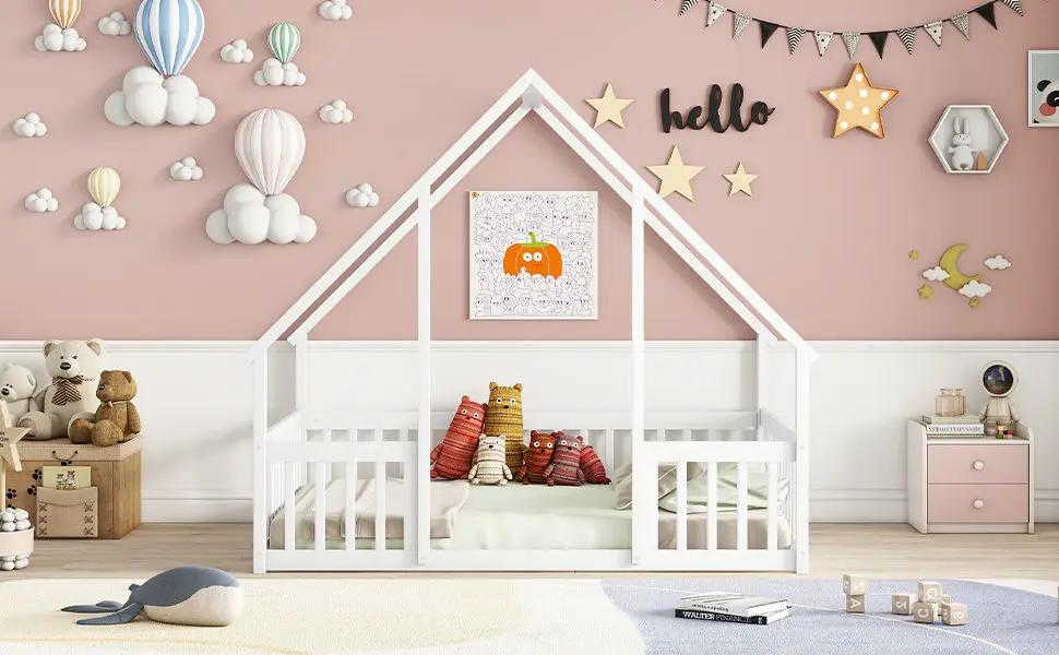 White wood house-shaped floor bed with fence and guardrails Unique Piece Furniture toddler bed on Tampa Home & Garden Store