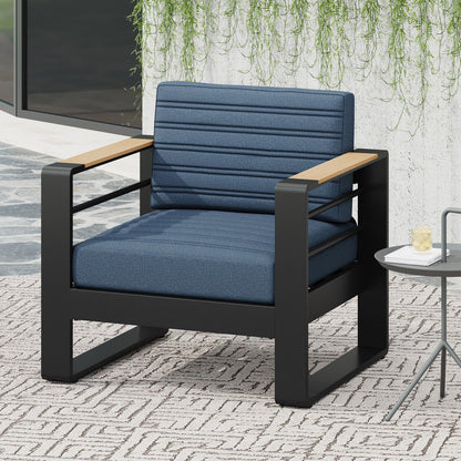 Giovanna Club Chair with aluminum frame and blue outdoor cushions by HouseOfZazla on Tampa Home & Garden Store