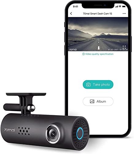 70mai Smart Dash Cam 1S black with mount and phone app display on Tampa Home & Garden Store