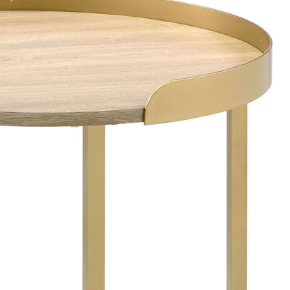 Oak and Gold End Table with cross-bar metal base; round wood top, 22W x 22D, HouseOfZazla on Tampa Home & Garden Store