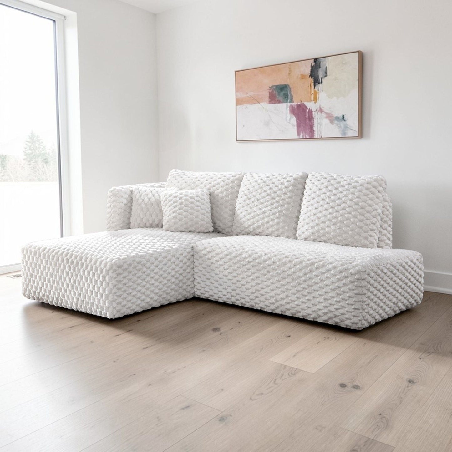 Manya Ivory stationary sectional sofa by HouseOfZazla with chunky knitted boucle texture on Tampa Home & Garden Store